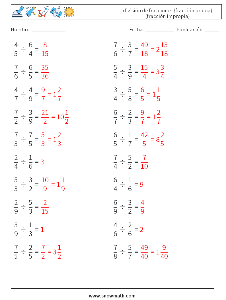 (20) división de fracciones (fracción propia) (fracción impropia) Hojas de trabajo de matemáticas 3 Pregunta, respuesta