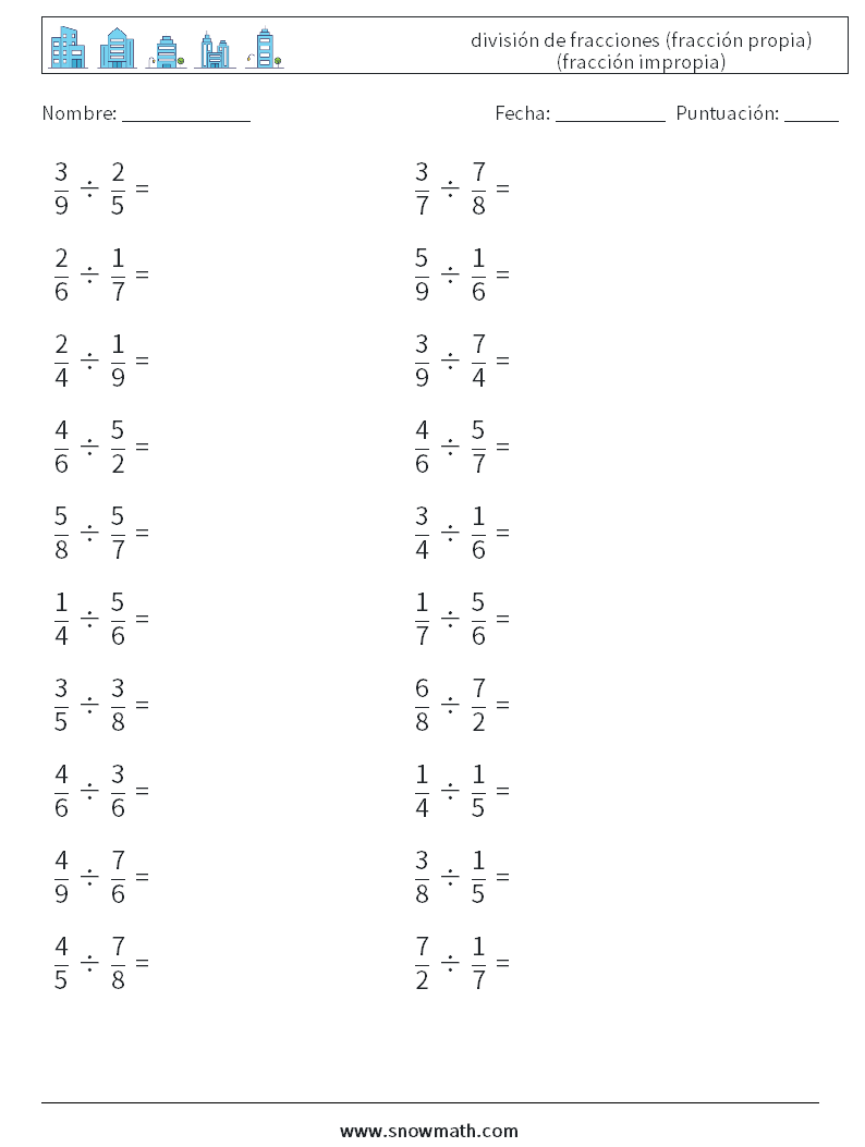 (20) división de fracciones (fracción propia) (fracción impropia) Hojas de trabajo de matemáticas 4