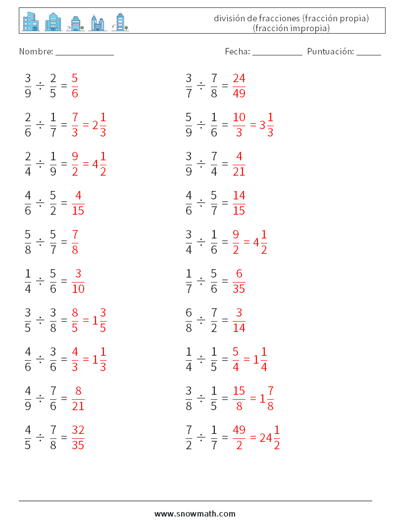(20) división de fracciones (fracción propia) (fracción impropia) Hojas de trabajo de matemáticas 4 Pregunta, respuesta