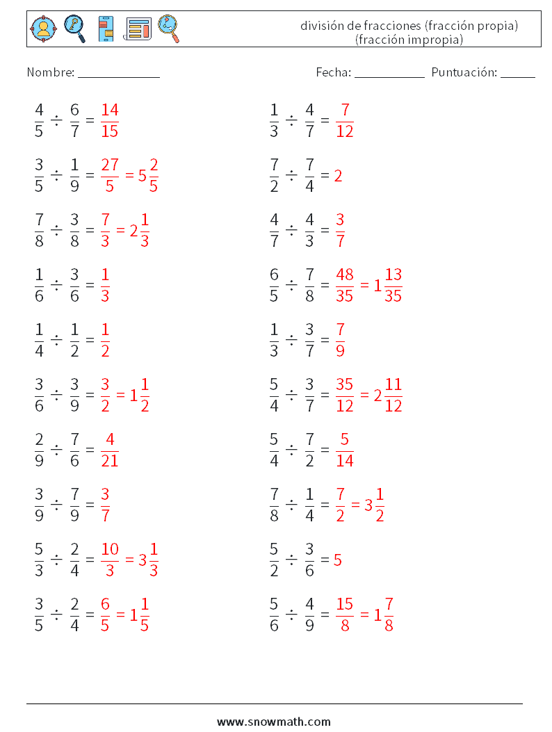 (20) división de fracciones (fracción propia) (fracción impropia) Hojas de trabajo de matemáticas 5 Pregunta, respuesta