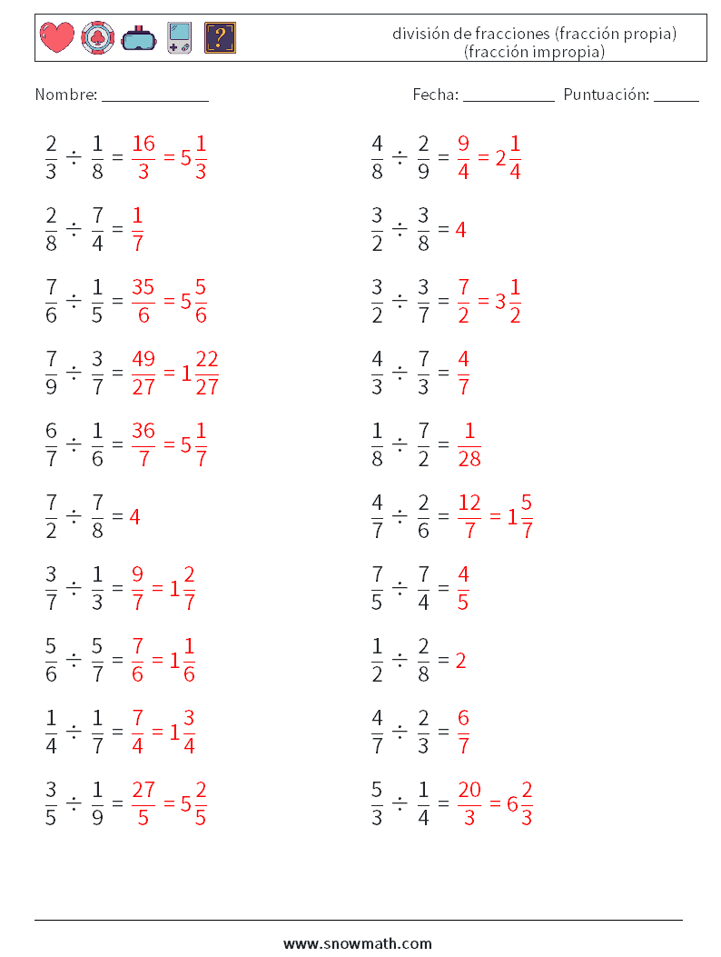 (20) división de fracciones (fracción propia) (fracción impropia) Hojas de trabajo de matemáticas 6 Pregunta, respuesta