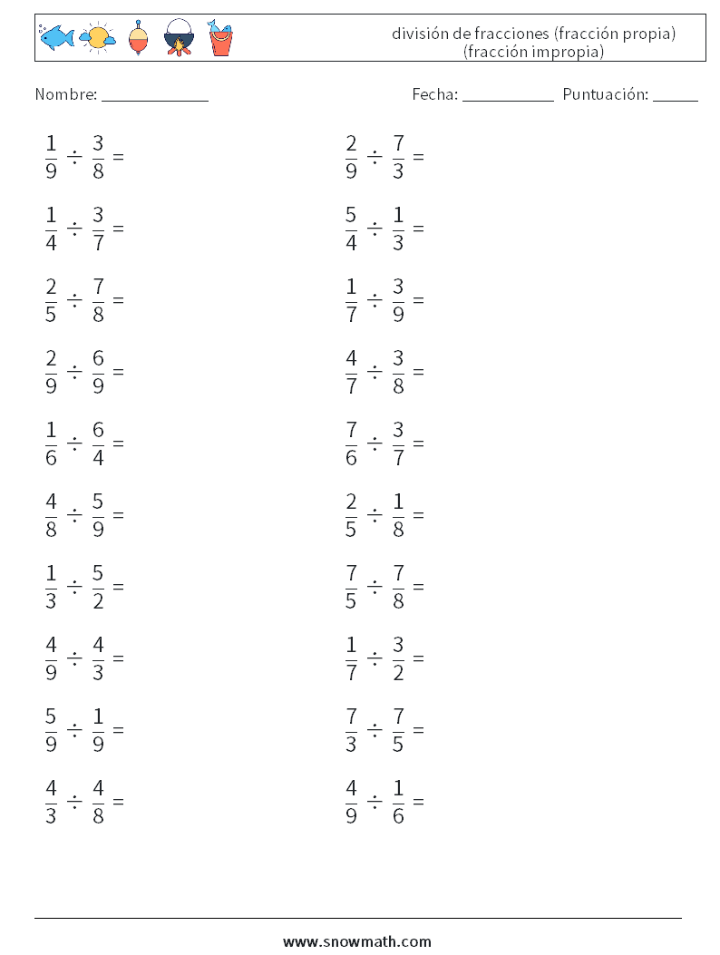(20) división de fracciones (fracción propia) (fracción impropia) Hojas de trabajo de matemáticas 7