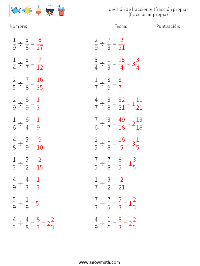 (20) división de fracciones (fracción propia) (fracción impropia) Hojas de trabajo de matemáticas 7 Pregunta, respuesta