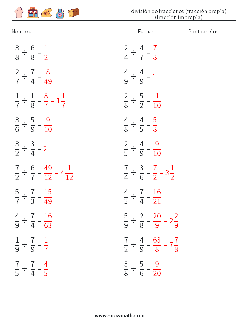 (20) división de fracciones (fracción propia) (fracción impropia) Hojas de trabajo de matemáticas 8 Pregunta, respuesta