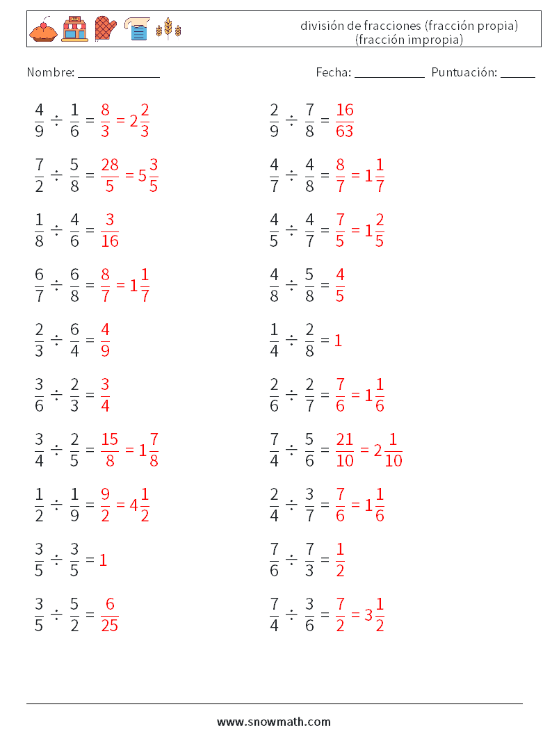 (20) división de fracciones (fracción propia) (fracción impropia) Hojas de trabajo de matemáticas 9 Pregunta, respuesta