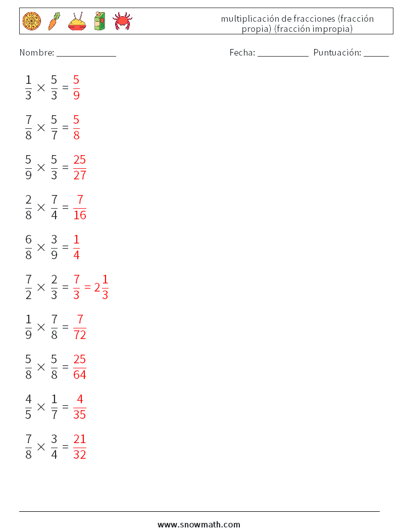 (10) multiplicación de fracciones (fracción propia) (fracción impropia) Hojas de trabajo de matemáticas 10 Pregunta, respuesta