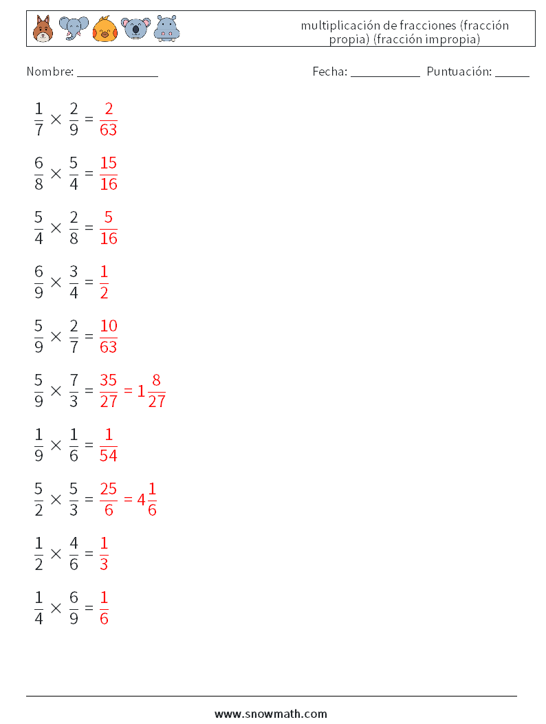 (10) multiplicación de fracciones (fracción propia) (fracción impropia) Hojas de trabajo de matemáticas 11 Pregunta, respuesta