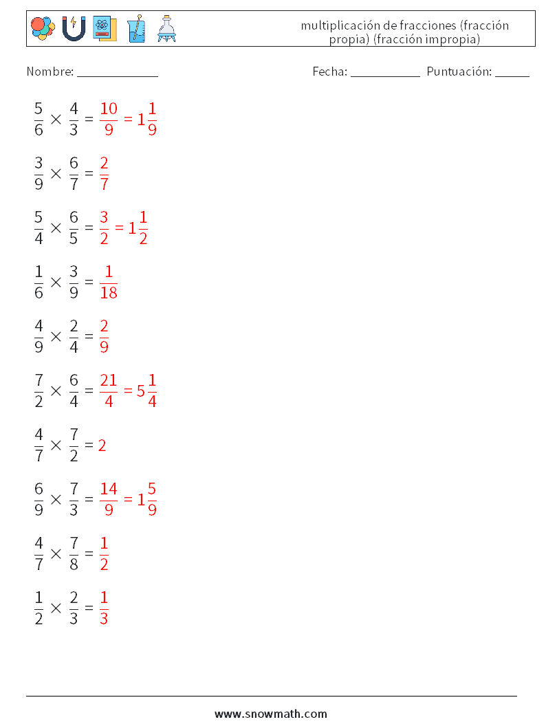(10) multiplicación de fracciones (fracción propia) (fracción impropia) Hojas de trabajo de matemáticas 13 Pregunta, respuesta