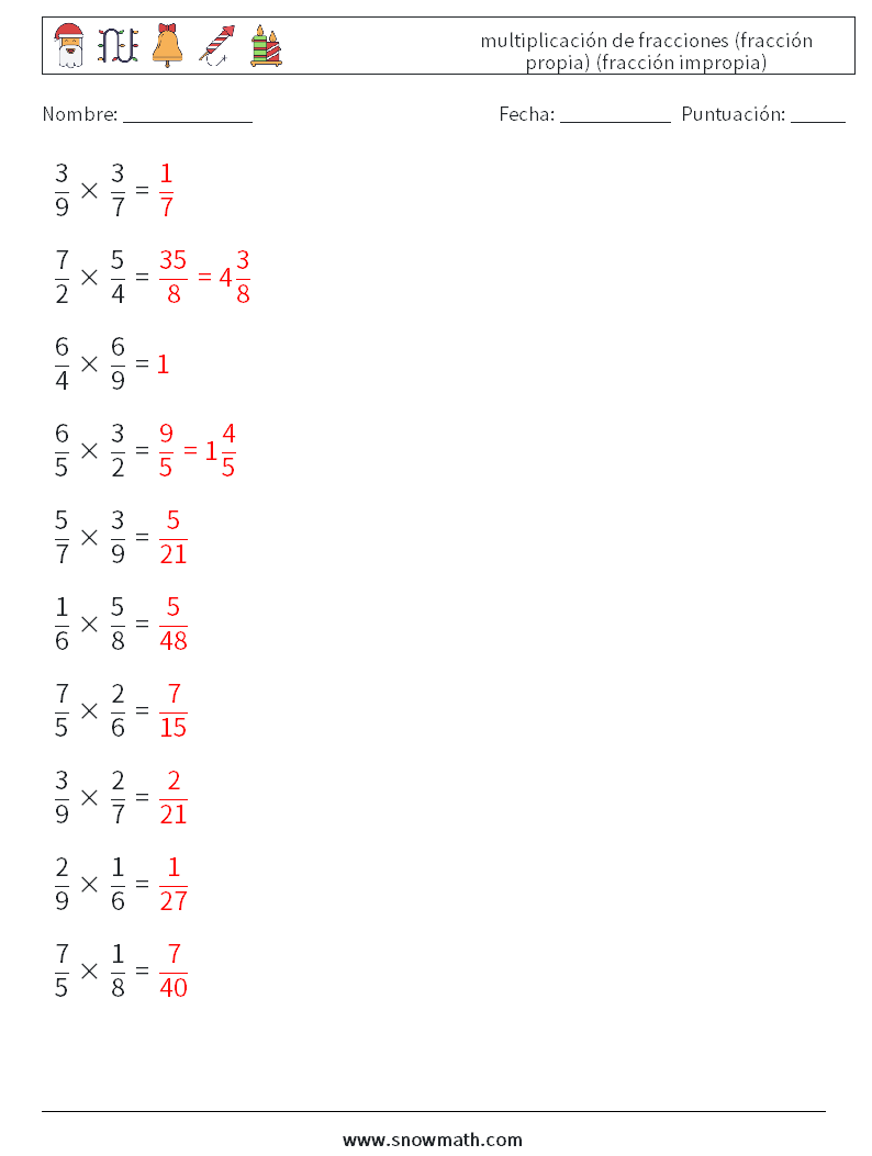 (10) multiplicación de fracciones (fracción propia) (fracción impropia) Hojas de trabajo de matemáticas 15 Pregunta, respuesta