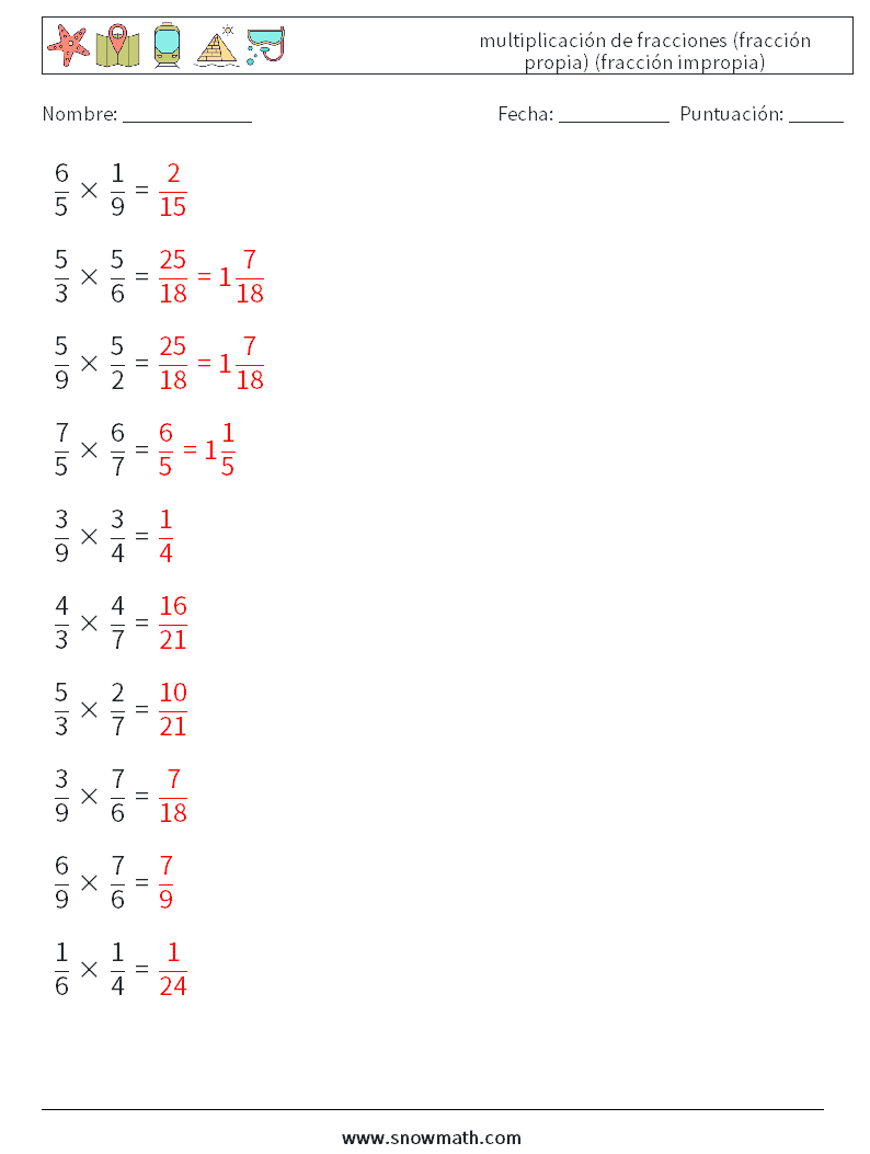 (10) multiplicación de fracciones (fracción propia) (fracción impropia) Hojas de trabajo de matemáticas 17 Pregunta, respuesta
