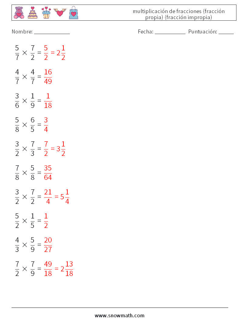 (10) multiplicación de fracciones (fracción propia) (fracción impropia) Hojas de trabajo de matemáticas 18 Pregunta, respuesta