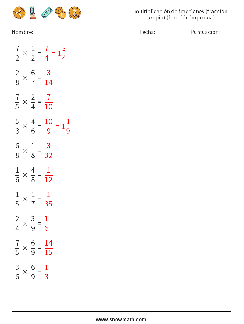 (10) multiplicación de fracciones (fracción propia) (fracción impropia) Hojas de trabajo de matemáticas 6 Pregunta, respuesta
