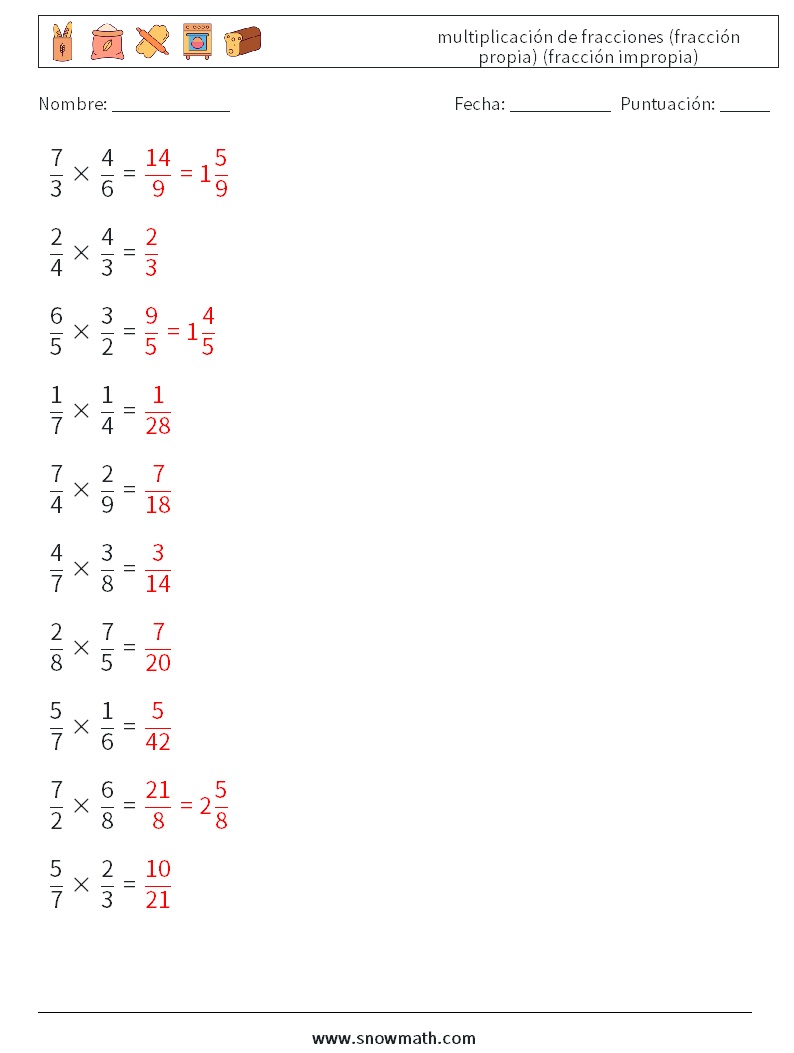 (10) multiplicación de fracciones (fracción propia) (fracción impropia) Hojas de trabajo de matemáticas 8 Pregunta, respuesta