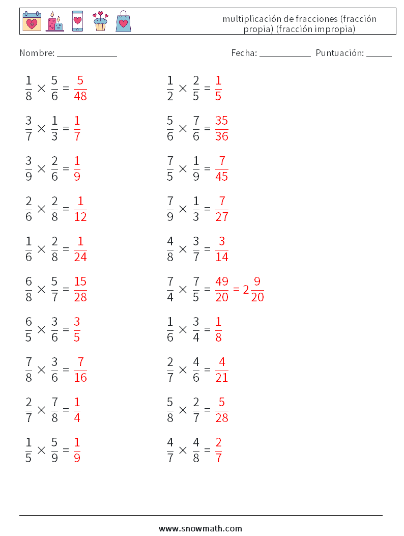 (20) multiplicación de fracciones (fracción propia) (fracción impropia) Hojas de trabajo de matemáticas 10 Pregunta, respuesta