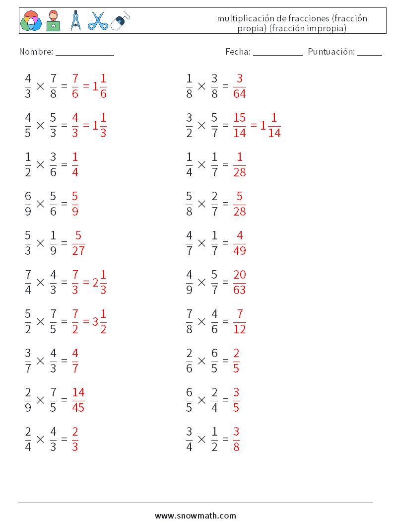 (20) multiplicación de fracciones (fracción propia) (fracción impropia) Hojas de trabajo de matemáticas 11 Pregunta, respuesta