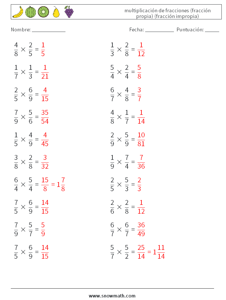 (20) multiplicación de fracciones (fracción propia) (fracción impropia) Hojas de trabajo de matemáticas 12 Pregunta, respuesta