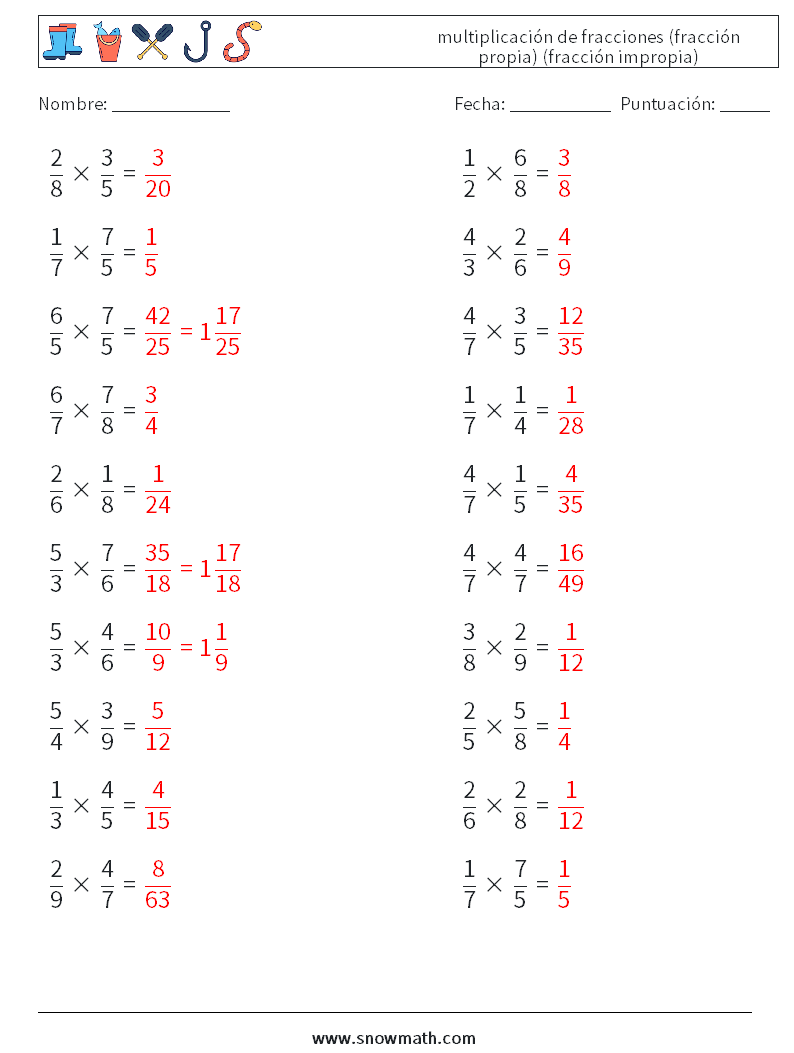 (20) multiplicación de fracciones (fracción propia) (fracción impropia) Hojas de trabajo de matemáticas 13 Pregunta, respuesta