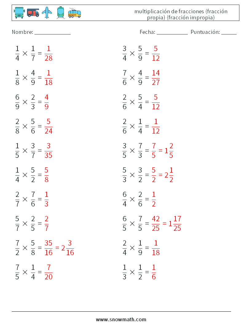 (20) multiplicación de fracciones (fracción propia) (fracción impropia) Hojas de trabajo de matemáticas 14 Pregunta, respuesta