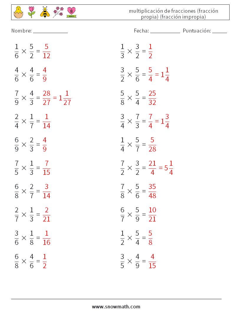 (20) multiplicación de fracciones (fracción propia) (fracción impropia) Hojas de trabajo de matemáticas 15 Pregunta, respuesta