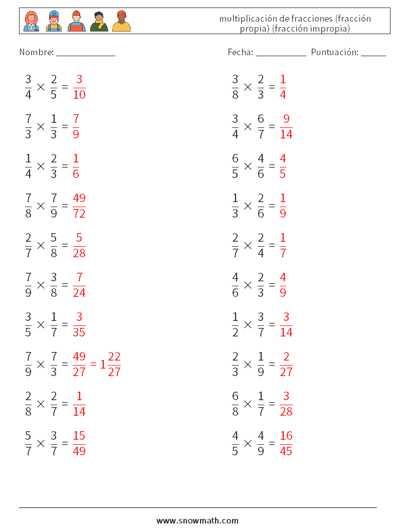 (20) multiplicación de fracciones (fracción propia) (fracción impropia) Hojas de trabajo de matemáticas 18 Pregunta, respuesta