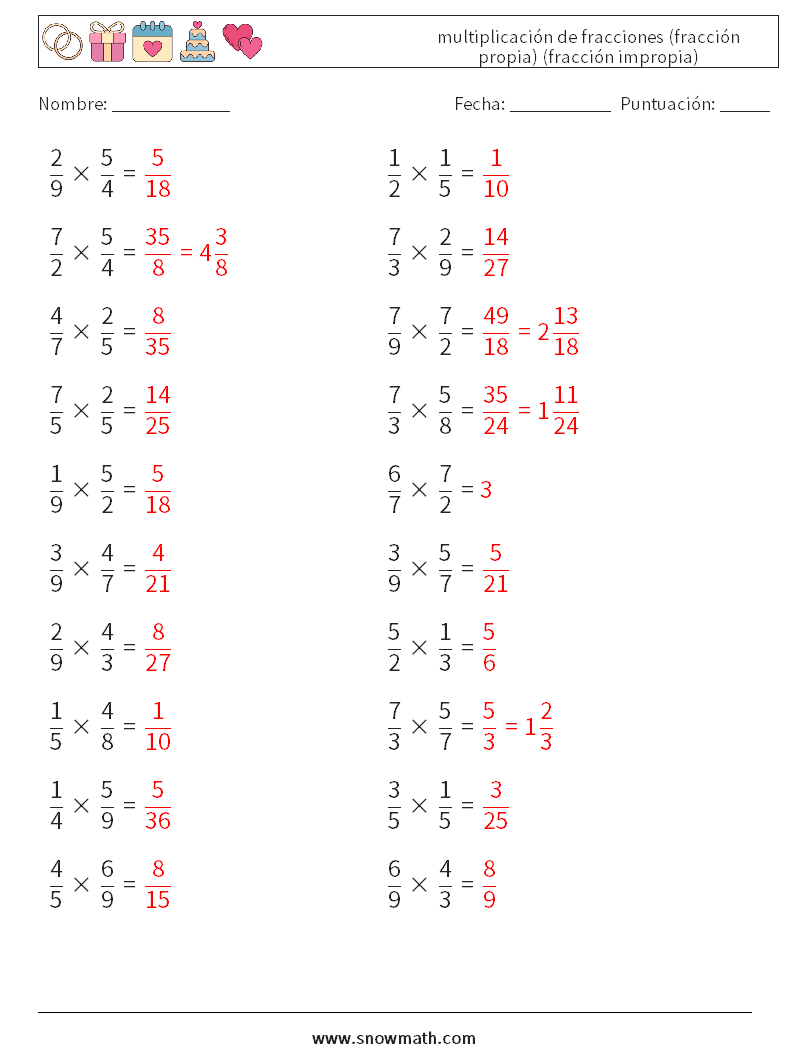 (20) multiplicación de fracciones (fracción propia) (fracción impropia) Hojas de trabajo de matemáticas 2 Pregunta, respuesta