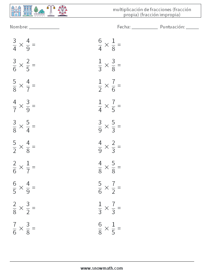 (20) multiplicación de fracciones (fracción propia) (fracción impropia) Hojas de trabajo de matemáticas 4