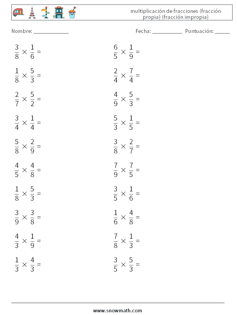 (20) multiplicación de fracciones (fracción propia) (fracción impropia) Hojas de trabajo de matemáticas 6