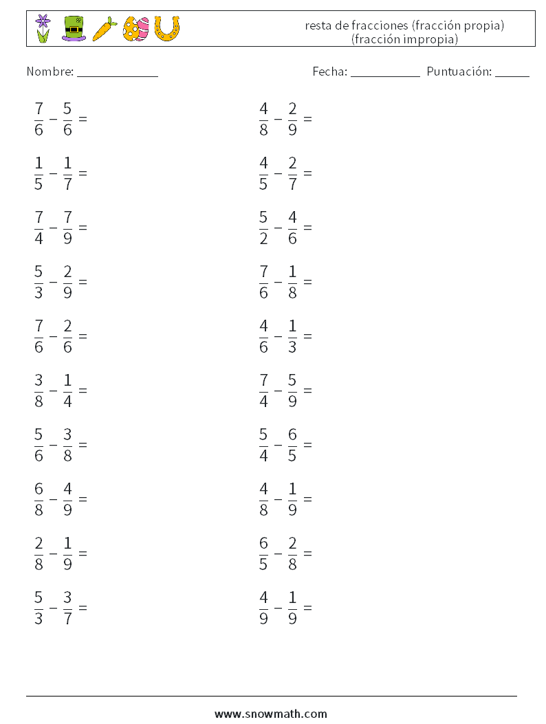 (20) resta de fracciones (fracción propia) (fracción impropia) Hojas de trabajo de matemáticas 10