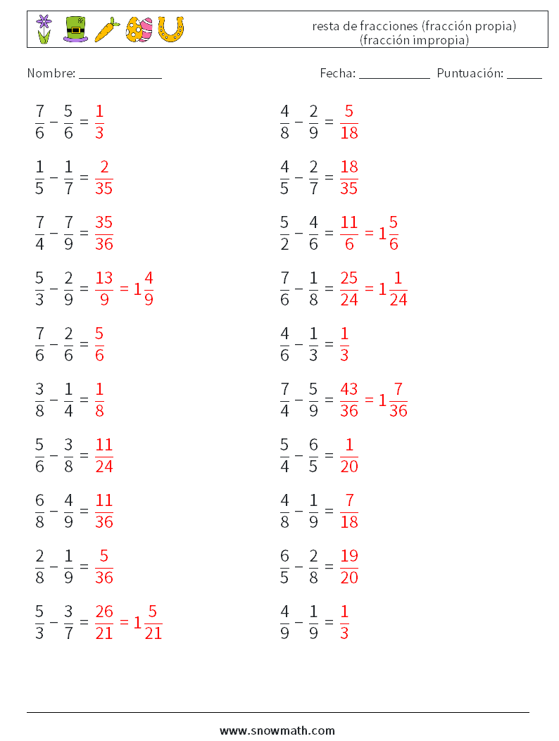 (20) resta de fracciones (fracción propia) (fracción impropia) Hojas de trabajo de matemáticas 10 Pregunta, respuesta