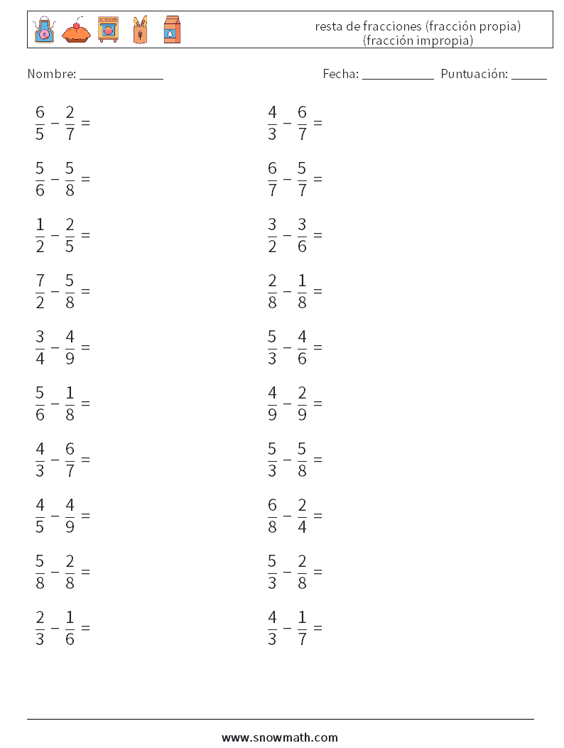 (20) resta de fracciones (fracción propia) (fracción impropia) Hojas de trabajo de matemáticas 11