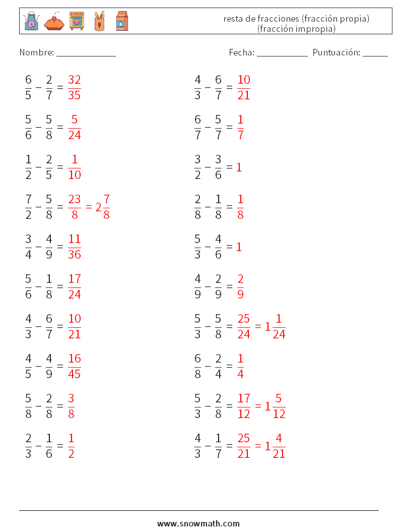 (20) resta de fracciones (fracción propia) (fracción impropia) Hojas de trabajo de matemáticas 11 Pregunta, respuesta