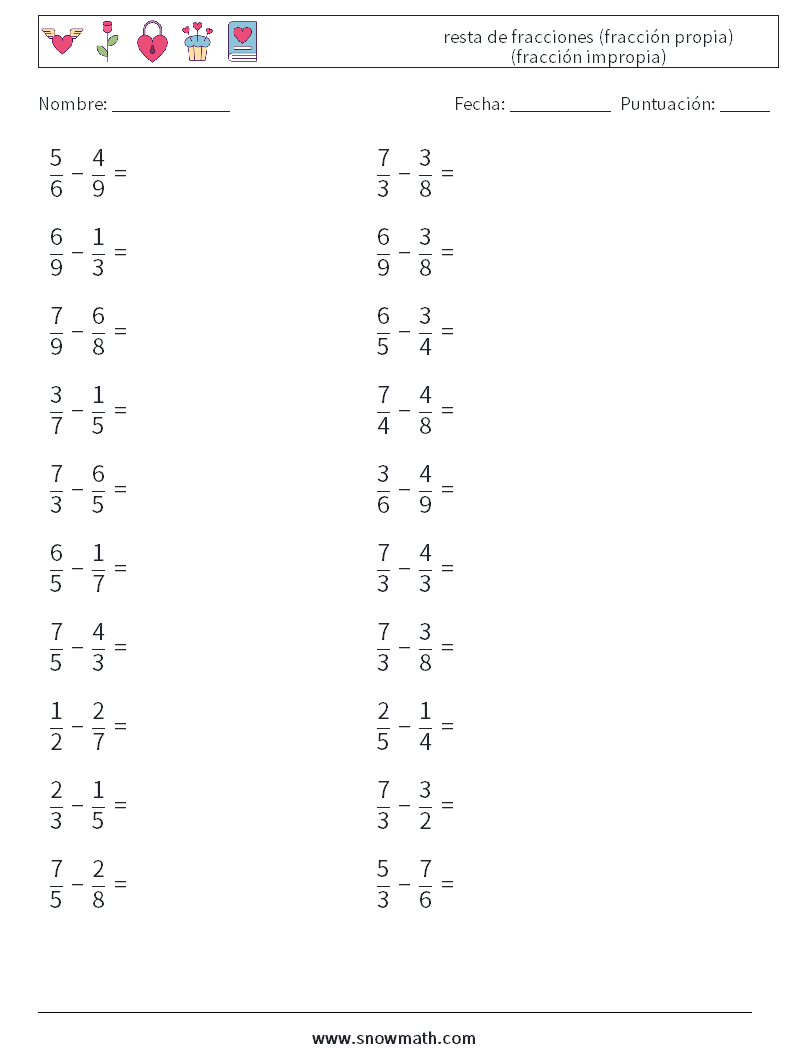 (20) resta de fracciones (fracción propia) (fracción impropia) Hojas de trabajo de matemáticas 12