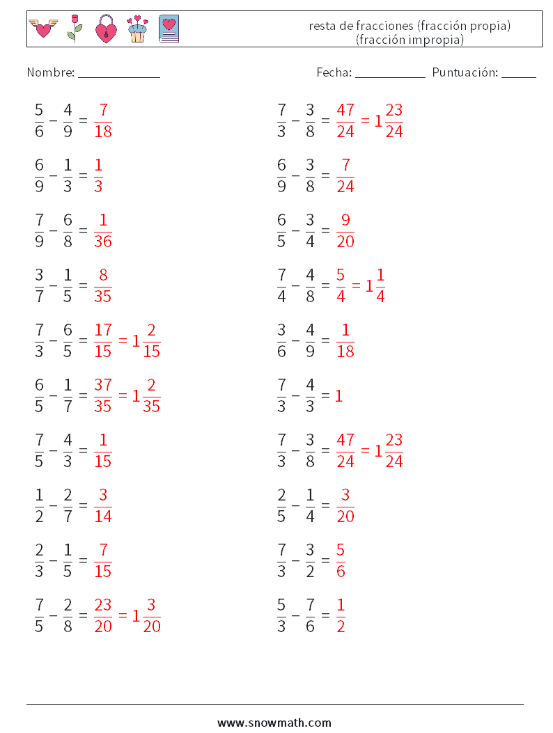 (20) resta de fracciones (fracción propia) (fracción impropia) Hojas de trabajo de matemáticas 12 Pregunta, respuesta