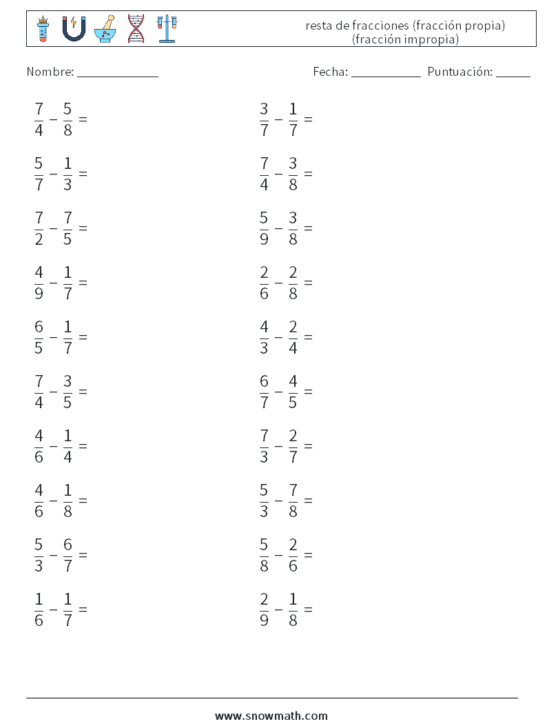 (20) resta de fracciones (fracción propia) (fracción impropia) Hojas de trabajo de matemáticas 13