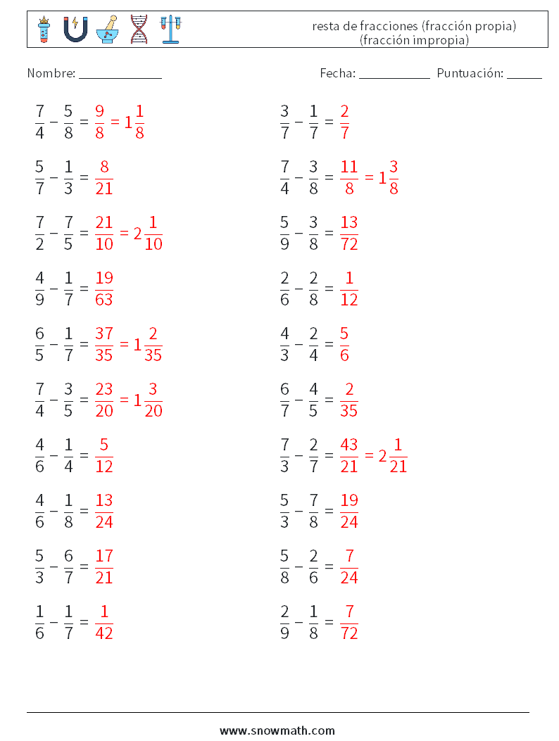 (20) resta de fracciones (fracción propia) (fracción impropia) Hojas de trabajo de matemáticas 13 Pregunta, respuesta