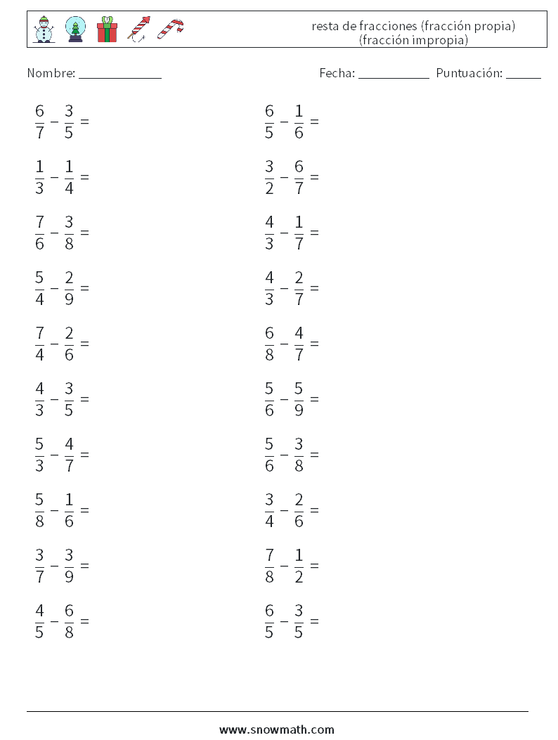 (20) resta de fracciones (fracción propia) (fracción impropia) Hojas de trabajo de matemáticas 14