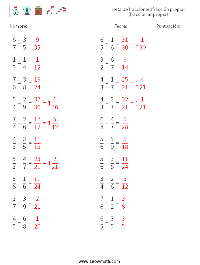 (20) resta de fracciones (fracción propia) (fracción impropia) Hojas de trabajo de matemáticas 14 Pregunta, respuesta
