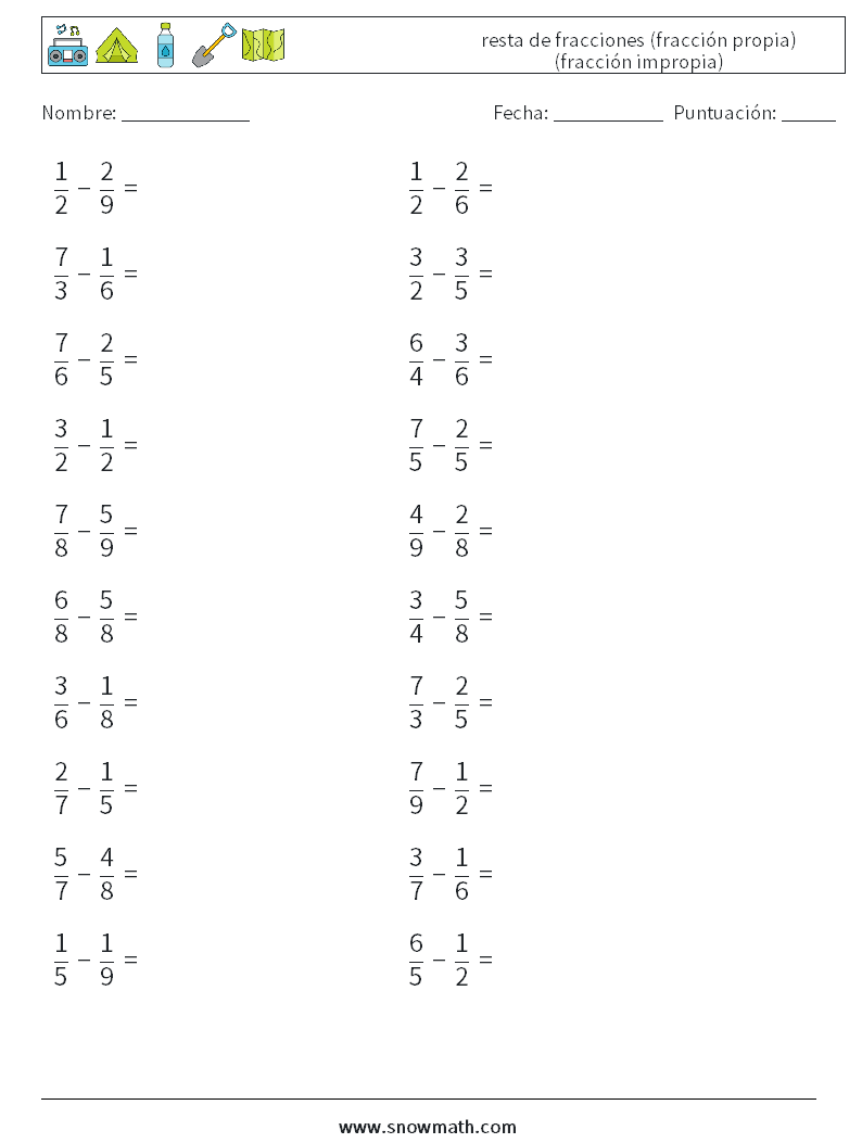 (20) resta de fracciones (fracción propia) (fracción impropia) Hojas de trabajo de matemáticas 15