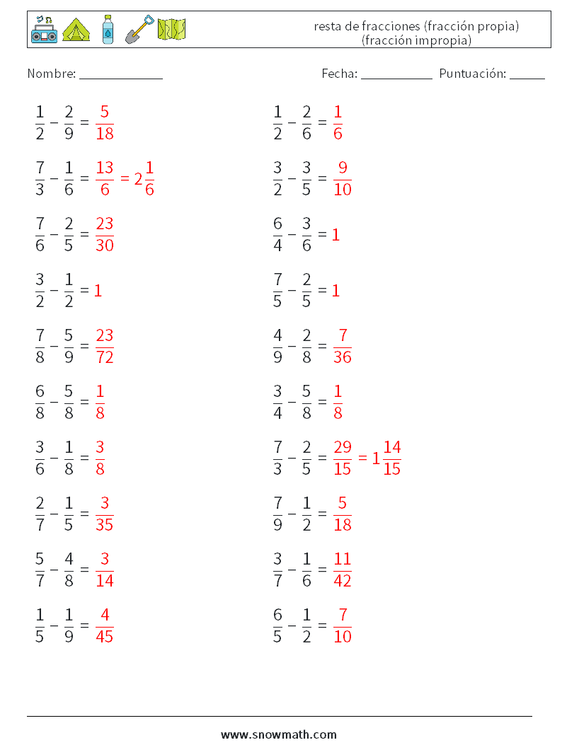 (20) resta de fracciones (fracción propia) (fracción impropia) Hojas de trabajo de matemáticas 15 Pregunta, respuesta