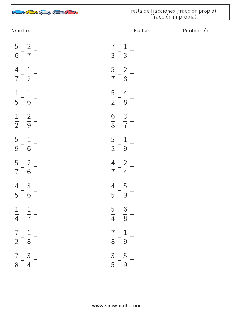 (20) resta de fracciones (fracción propia) (fracción impropia) Hojas de trabajo de matemáticas 16