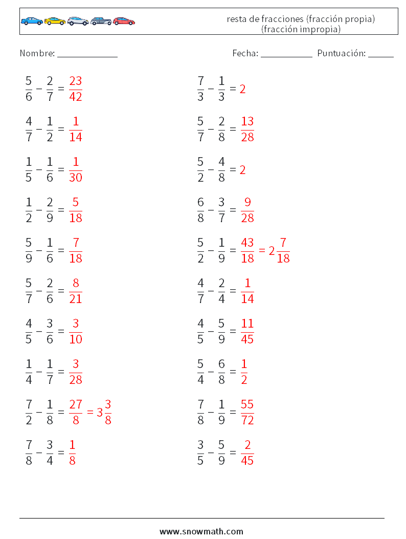 (20) resta de fracciones (fracción propia) (fracción impropia) Hojas de trabajo de matemáticas 16 Pregunta, respuesta