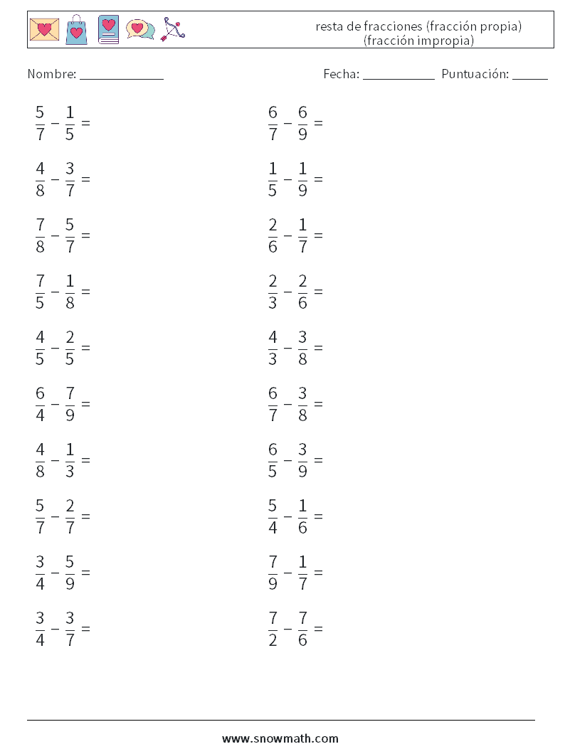 (20) resta de fracciones (fracción propia) (fracción impropia) Hojas de trabajo de matemáticas 17