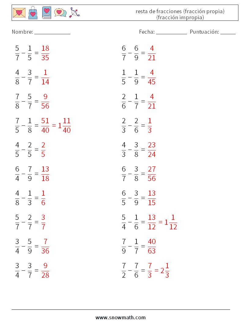 (20) resta de fracciones (fracción propia) (fracción impropia) Hojas de trabajo de matemáticas 17 Pregunta, respuesta