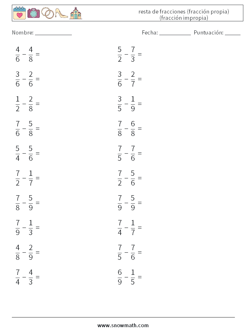 (20) resta de fracciones (fracción propia) (fracción impropia) Hojas de trabajo de matemáticas 18