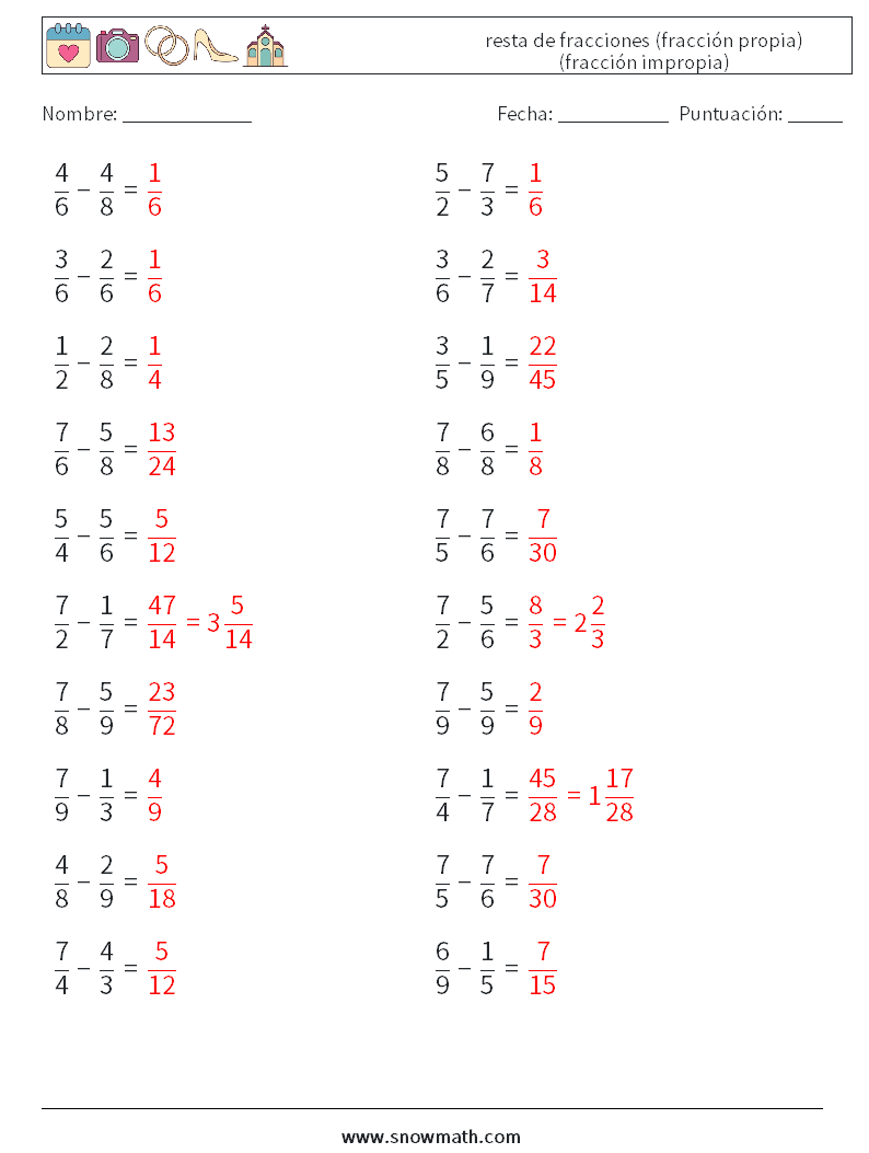(20) resta de fracciones (fracción propia) (fracción impropia) Hojas de trabajo de matemáticas 18 Pregunta, respuesta