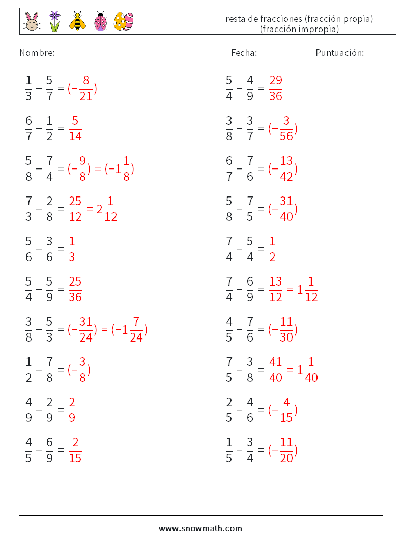 (20) resta de fracciones (fracción propia) (fracción impropia) Hojas de trabajo de matemáticas 1 Pregunta, respuesta
