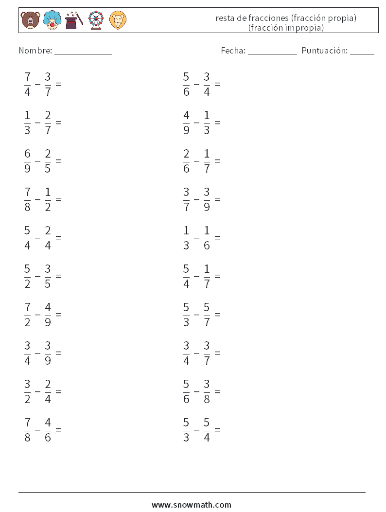 (20) resta de fracciones (fracción propia) (fracción impropia) Hojas de trabajo de matemáticas 2