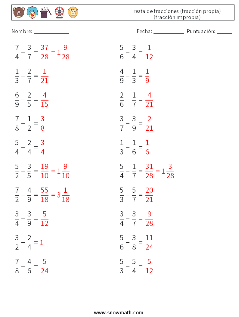 (20) resta de fracciones (fracción propia) (fracción impropia) Hojas de trabajo de matemáticas 2 Pregunta, respuesta