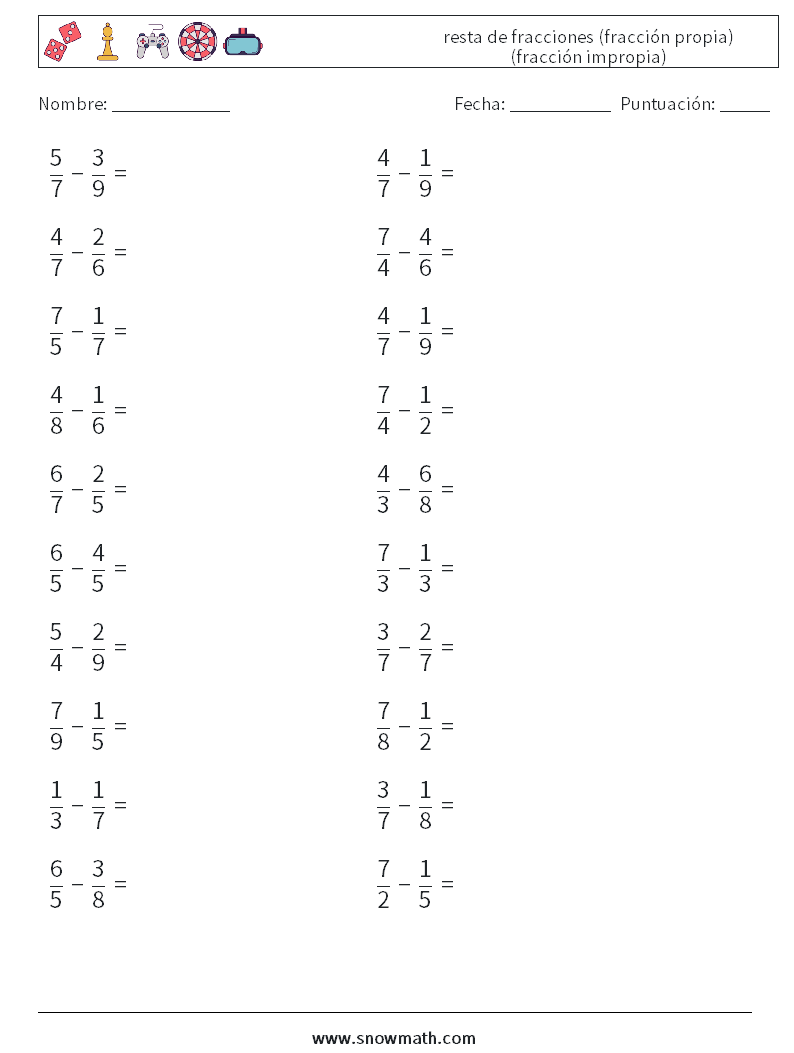 (20) resta de fracciones (fracción propia) (fracción impropia) Hojas de trabajo de matemáticas 3