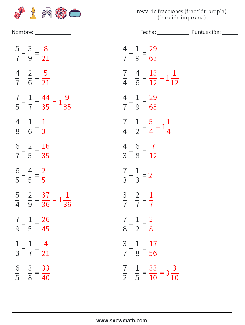 (20) resta de fracciones (fracción propia) (fracción impropia) Hojas de trabajo de matemáticas 3 Pregunta, respuesta